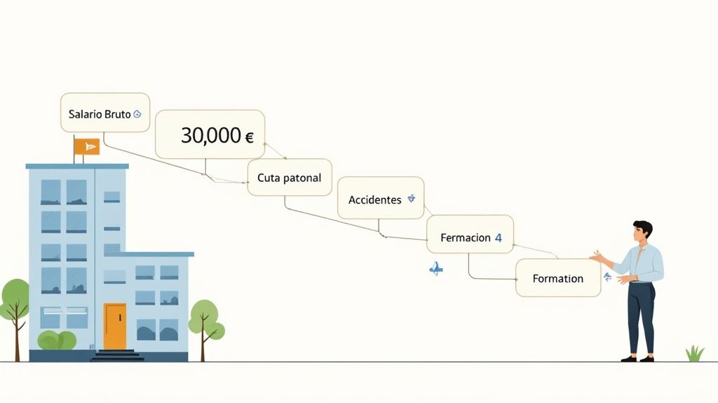 Diagrama explicativo del desglose salarial, mostrando salario bruto, costes empresariales y formación para un empleado.