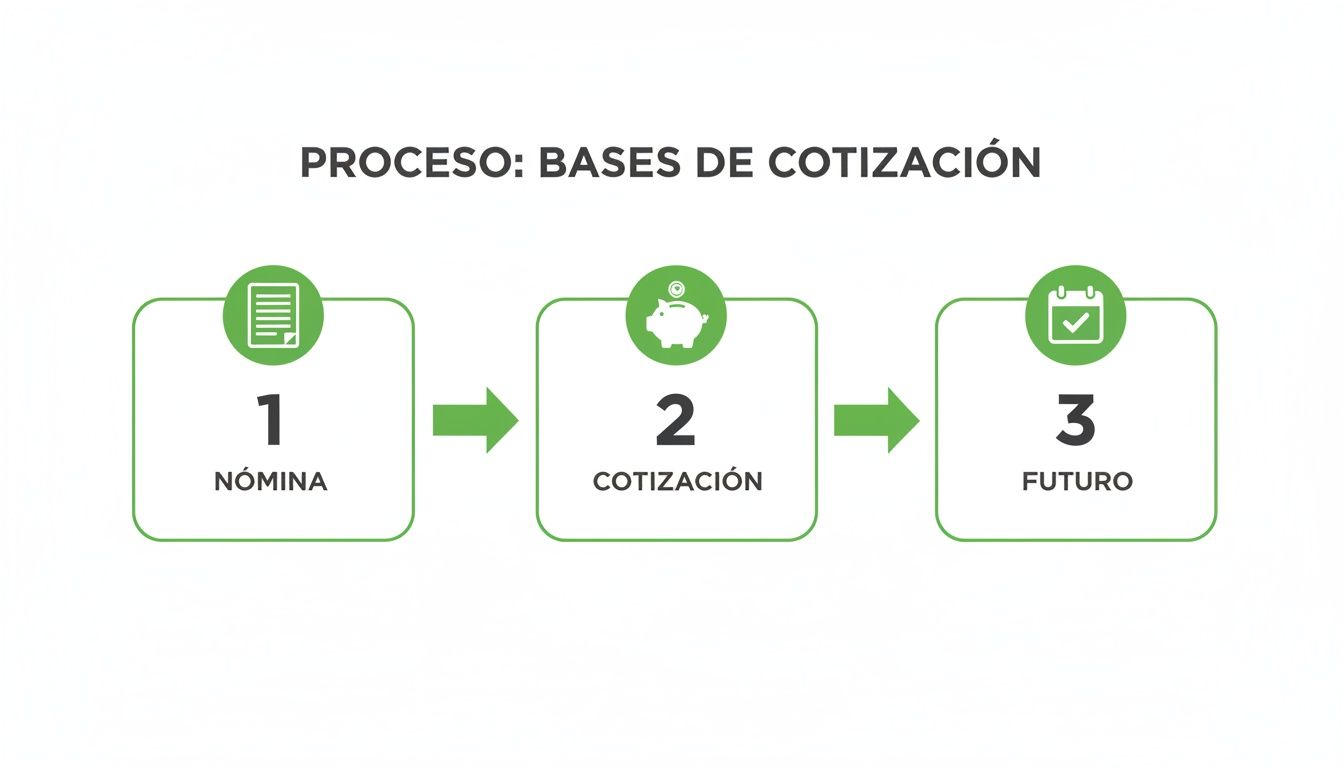 Diagrama de un proceso de tres pasos: nómina, cotización y futuro, bajo el título 'BASES DE COTIZACIÓN'.
