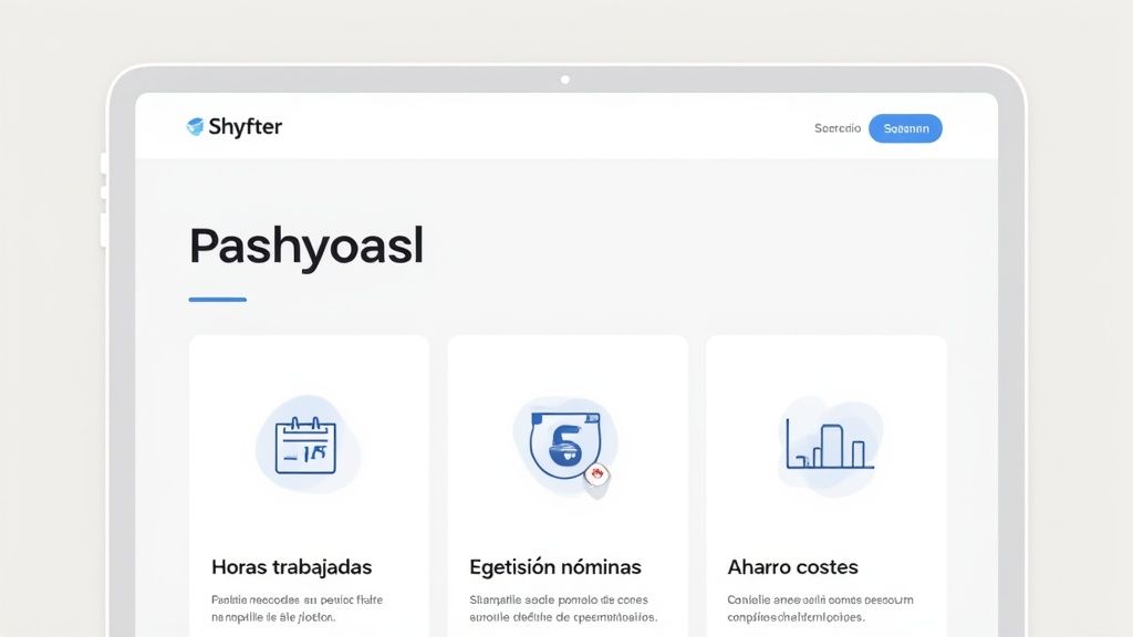 Una tablet muestra la interfaz de la aplicación Shyfter con opciones para gestionar horas, nóminas y costes.
