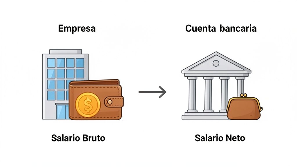 Ilustración del proceso de transformación del salario bruto de una empresa al salario neto en una cuenta bancaria.