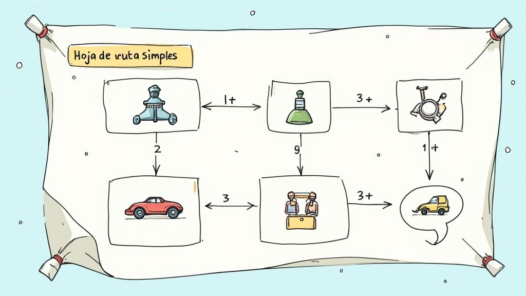 Una persona dibujando un plan de acción en una pizarra blanca, simbolizando la planificación y la estrategia.