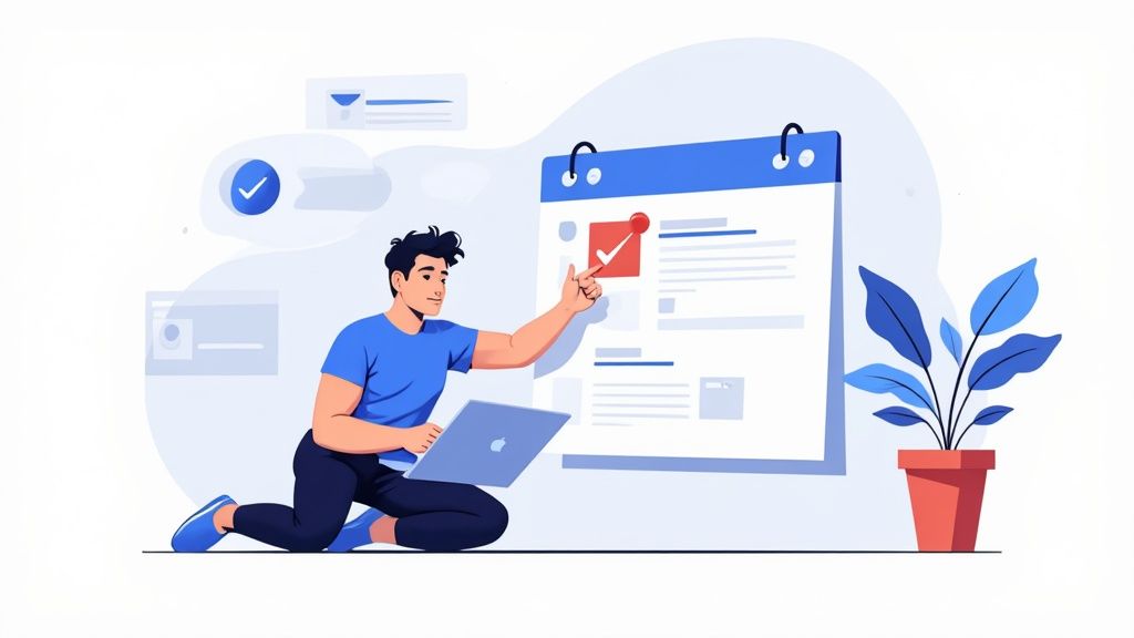 Un hombre joven usando una laptop y gestionando un calendario de tareas con un ícono de verificación rojo, simbolizando productividad.