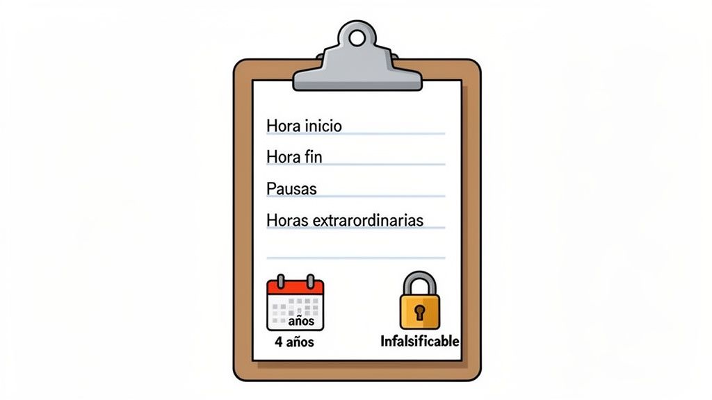 Portapapeles con registro horario de empleados: hora de inicio, fin, pausas, horas extras. Incluye retención de 4 años e infalsificable.