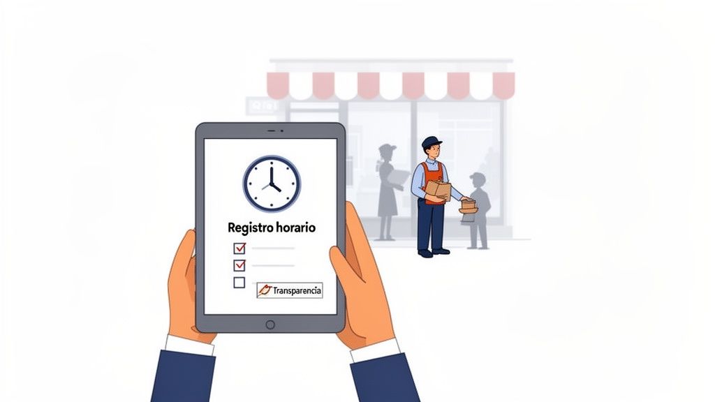 Manos sosteniendo una tablet mostrando un registro horario digital. Un repartidor entrega paquetes frente a una tienda.