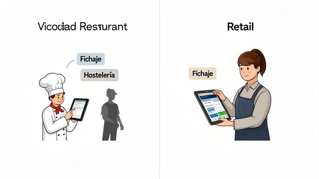 Ilustración de empleados usando tablets para el fichaje horario en restaurantes y tiendas, con opciones para hostelería y retail.