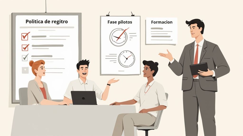 Cuatro personas en una reunión de negocios discutiendo políticas de registro, fases piloto y formación.