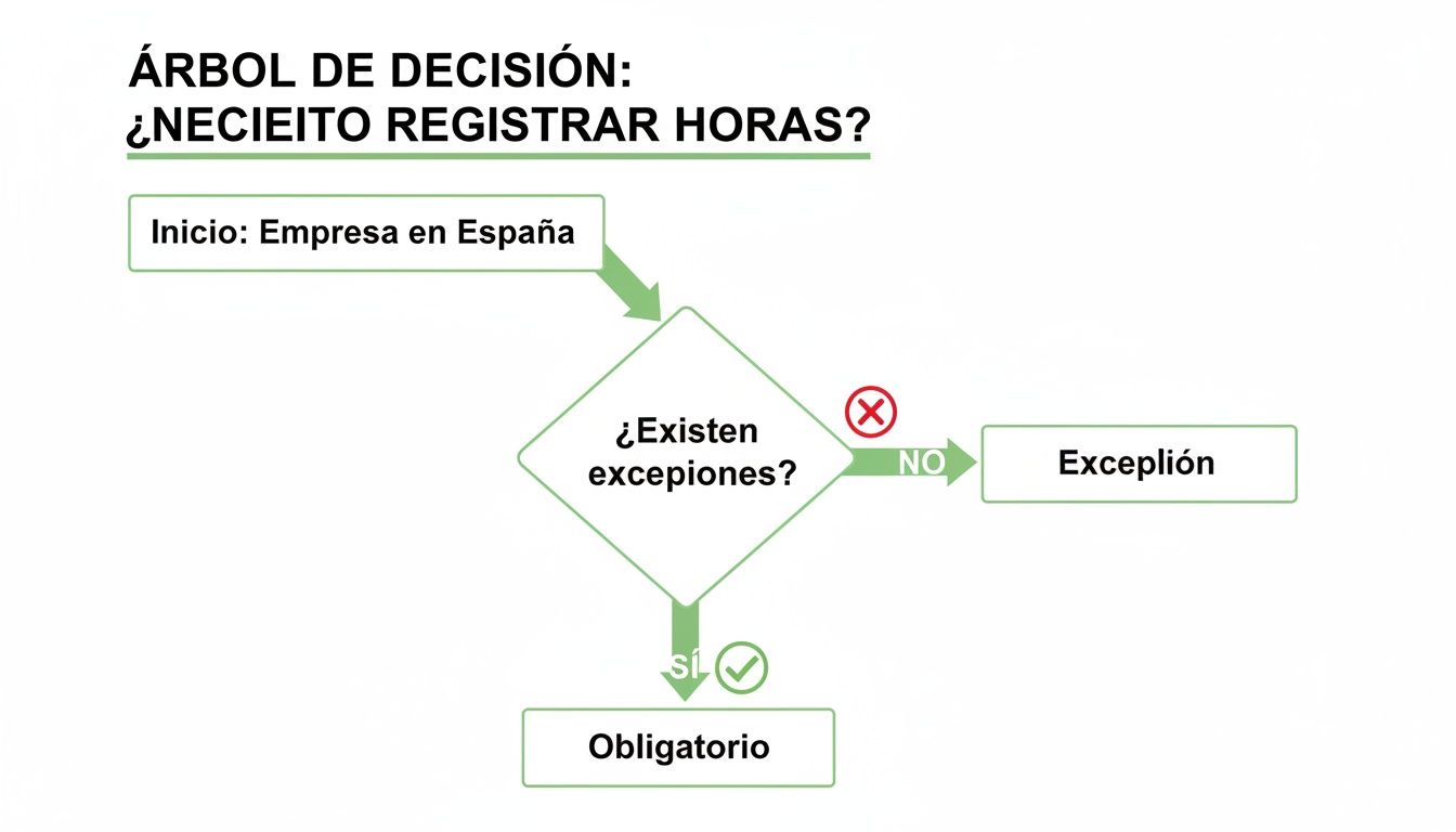 Diagrama de flujo sobre la obligatoriedad del registro de horas para empresas en España, incluyendo excepciones.