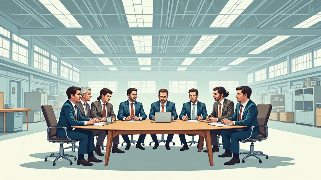 Un grupo de ejecutivos y representantes de trabajadores negociando en una sala de juntas.