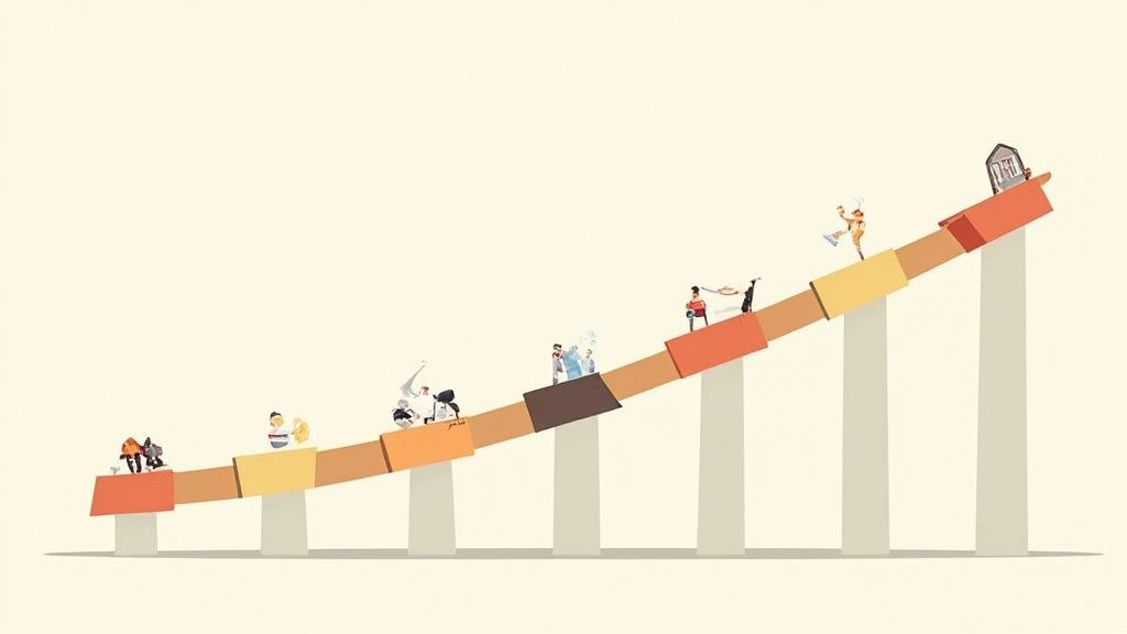 Ilustración de personas ascendiendo por escalones de colores hacia el éxito empresarial y crecimiento profesional