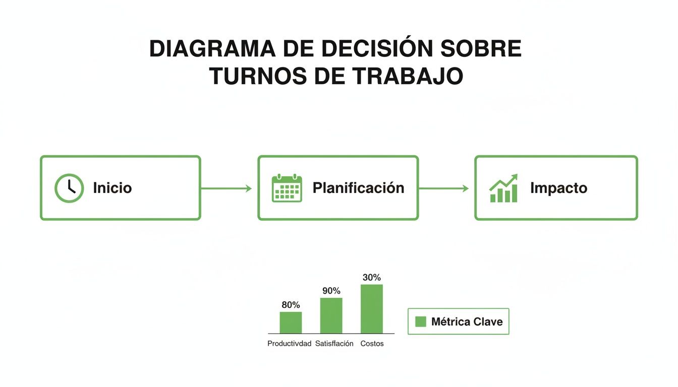 Diagrama de decisión sobre turnos de trabajo, mostrando inicio, planificación e impacto con métricas clave de productividad, satisfacción y costos.