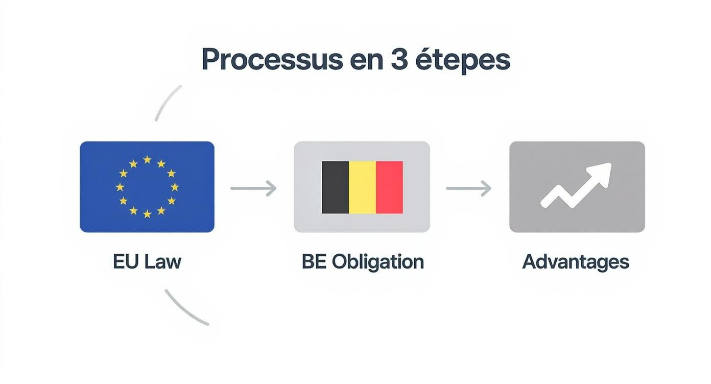 Diagramme montrant le processus en 3 étapes de la loi européenne à l'obligation belge et aux avantages.