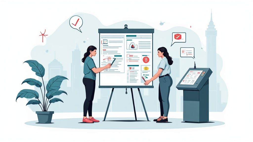 Deux femmes présentent des informations complexes sur un grand tableau blanc et un kiosque interactif dans un environnement de bureau moderne.