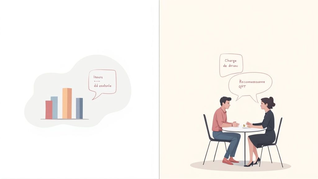 Diagramme à barres et deux personnes discutant autour d'une table avec des bulles de texte.