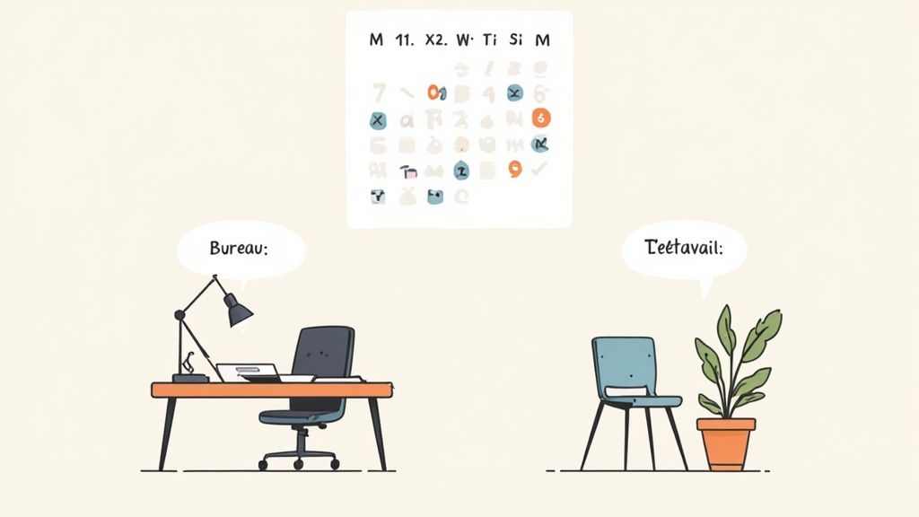 Illustration montrant un planning de travail comparant le bureau et le télétravail avec des icônes de calendrier.