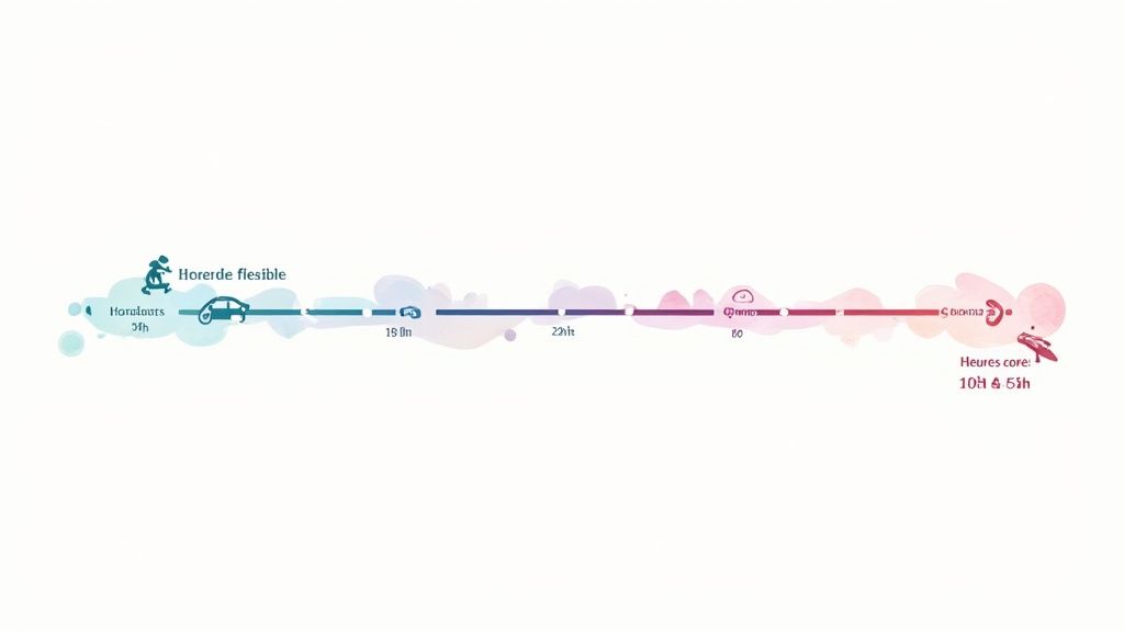 Timeline colorée illustrant un horaire de travail flexible avec des points temporels et des icônes thématiques.