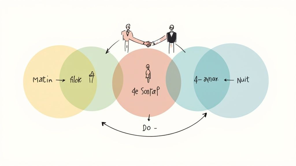 Diagramme de Venn de concepts (matin, nuit, filok) avec des personnages et flèches, illustrant une organisation.