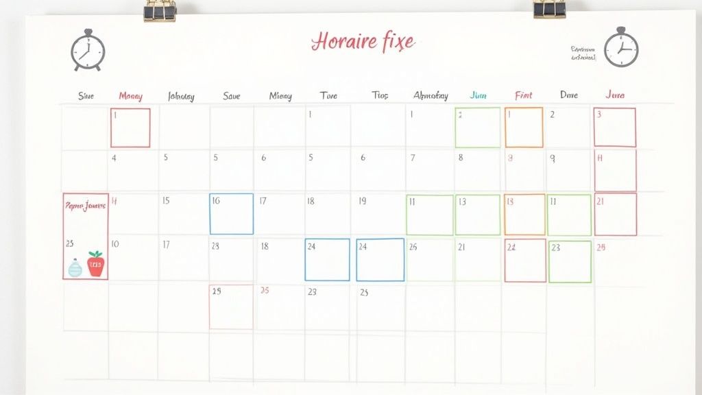Calendrier de planification d'horaire fixe avec jours et dates encadrés de différentes couleurs.