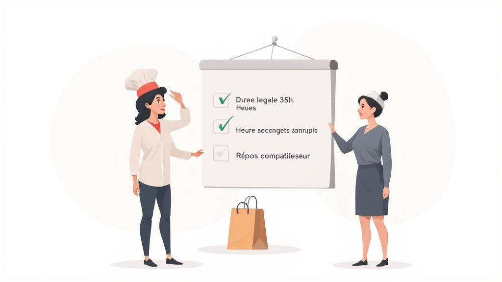Deux professionnelles, une cheffe et une employée, discutent des régulations du travail sur un tableau blanc avec des listes de contrôle.