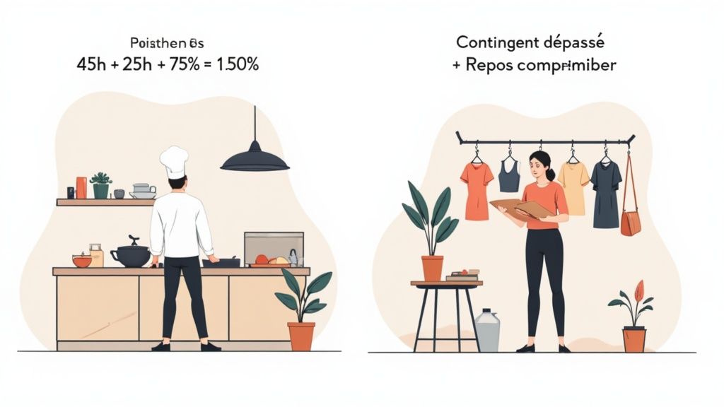 Deux scènes illustrant les heures de travail: un chef en cuisine et une femme dans un magasin de vêtements, avec des calculs de temps.