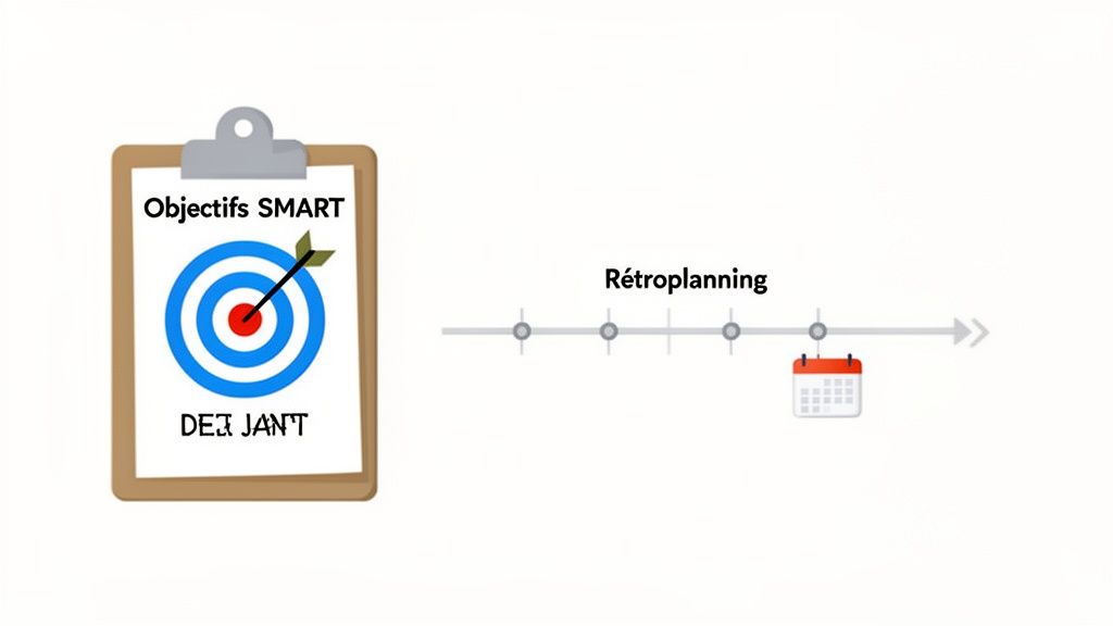 Schéma illustrant la fixation d'objectifs SMART sur un presse-papiers et le rétroplanning sur une ligne du temps avec un calendrier.
