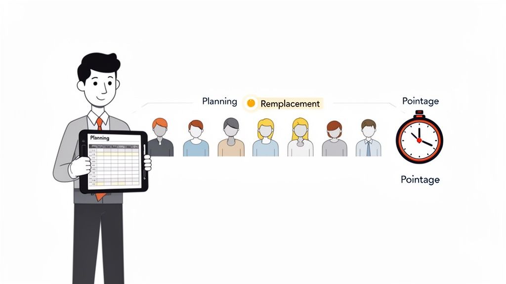 Un homme présente une tablette de planning, avec des icônes de personnes pour le remplacement et une horloge pour le pointage.