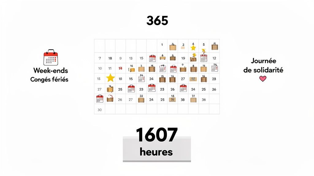 Calendrier annuel affichant 365 jours, week-ends, congés fériés et journée de solidarité, avec un total de 1607 heures.