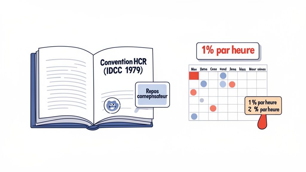 Image montrant la Convention HCR (IDCC 1979), le repos compensateur et un calendrier des pourcentages par heure.