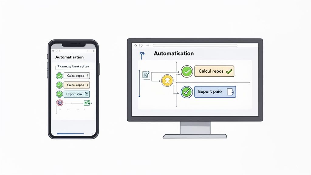 Deux écrans affichant des workflows d'automatisation des tâches avec calcul de repos et export de paie.