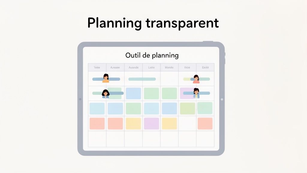 Tablette affichant un outil de planification transparent avec des avatars, des noms et un calendrier coloré.