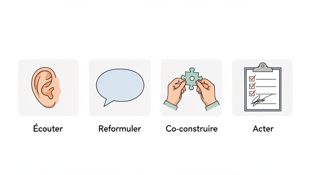 Quatre étapes clés pour une résolution efficace : écouter, reformuler, co-construire et acter.