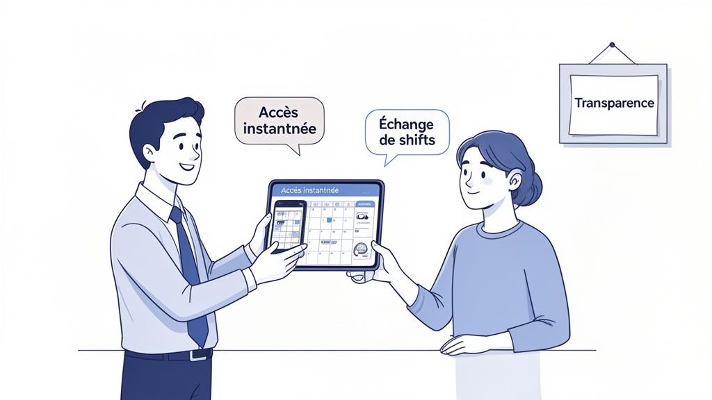 Deux personnes consultent un planning numérique sur tablette et smartphone, illustrant l'accès instantané, l'échange de shifts et la transparence.