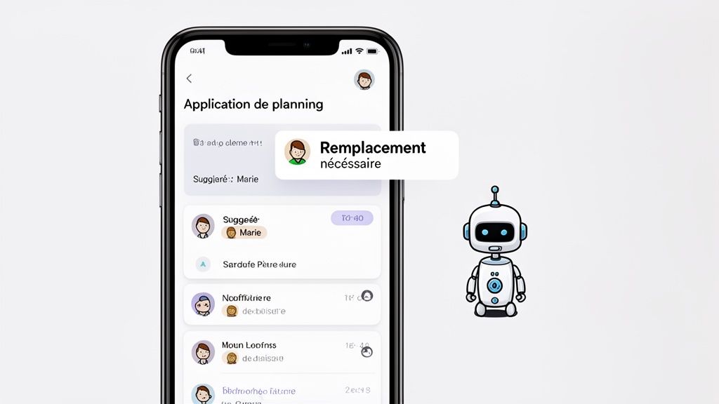 Interface mobile d'application de planification affichant une notification de remplacement nécessaire avec un robot mignon.