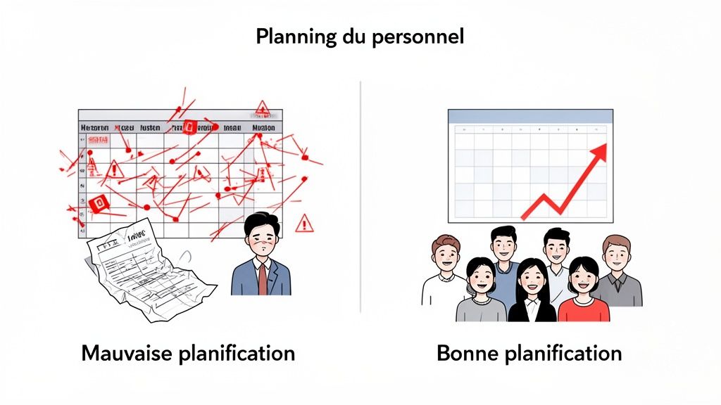 Comparaison visuelle entre une mauvaise planification du personnel (chaos, stress) et une bonne planification (succès, équipe heureuse).