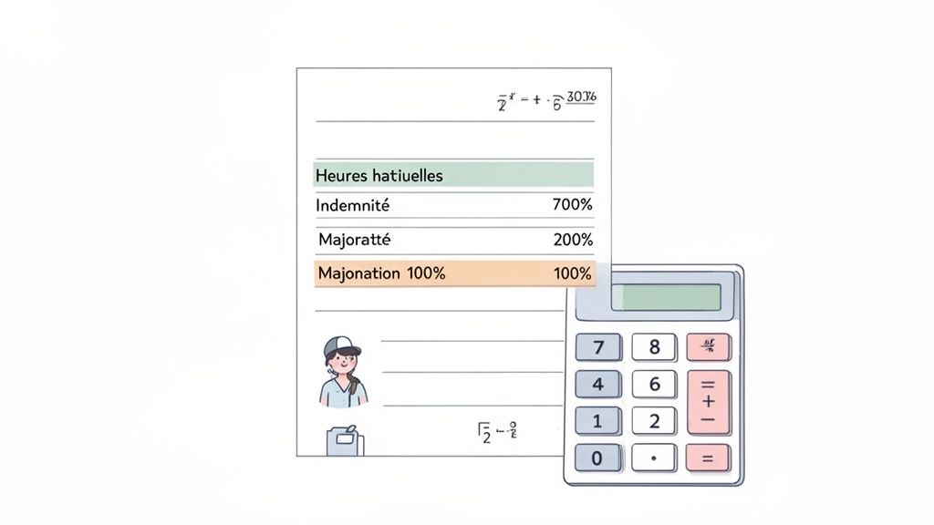 Formulaire affichant des calculs mathématiques, des pourcentages de majoration et une calculatrice à droite.