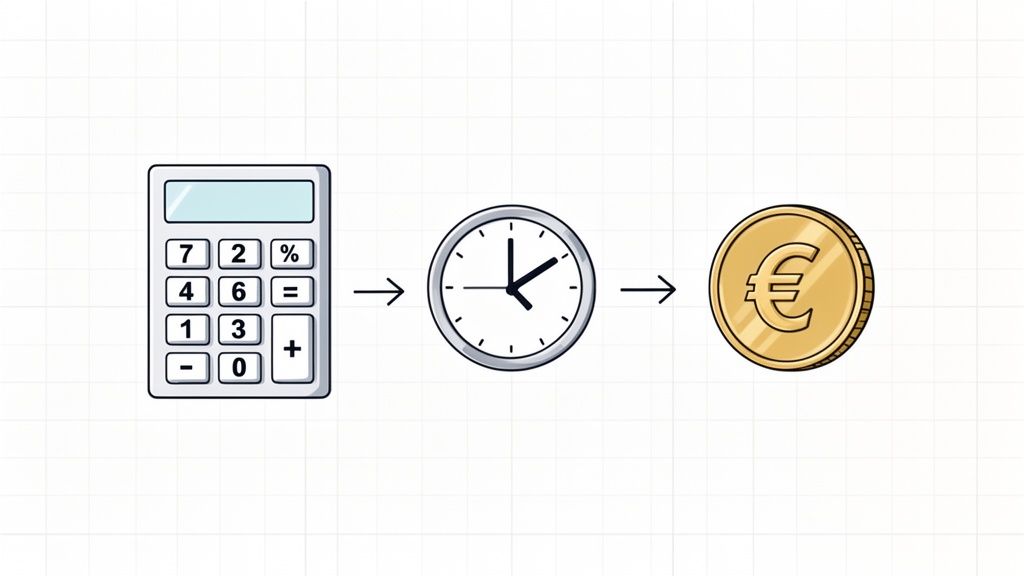 Calculatrice, horloge et pièce en euro liées par des flèches, symbolisant le calcul financier sur le temps.