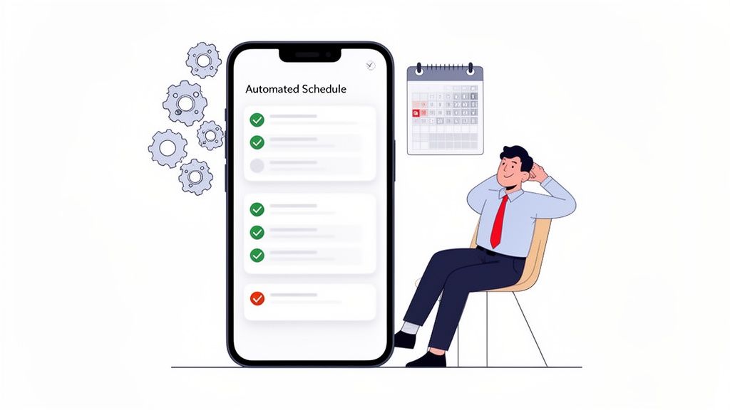 Illustration d'un homme détendu grâce à un emploi du temps automatisé sur smartphone, entouré d'engrenages et d'un calendrier.