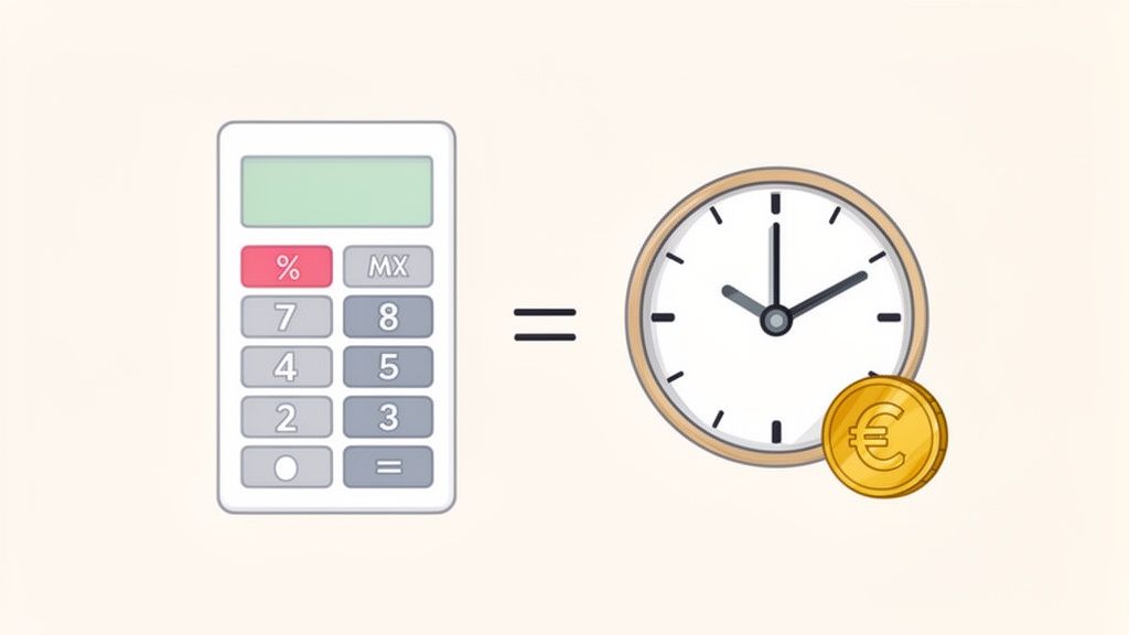 Une calculatrice, un signe égal, une horloge et une pièce en euro, symbolisant le calcul du temps et de l'argent.