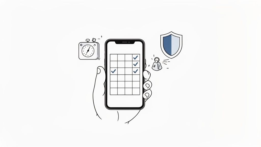 Main tenant un smartphone avec un calendrier, un chronomètre et un bouclier, représentant la gestion du temps et la sécurité.