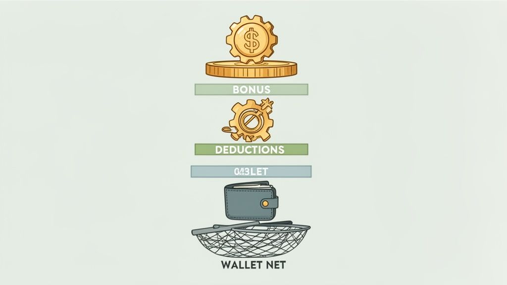 Illustration du flux monétaire : bonus, déductions et argent net dans un portefeuille.