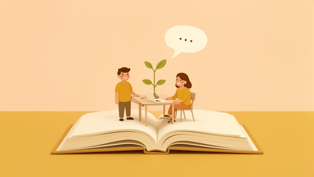 Deux personnes de dessin animé interagissent sur un livre ouvert, avec un ordinateur portable et une plante, symbolisant l'apprentissage et la croissance.