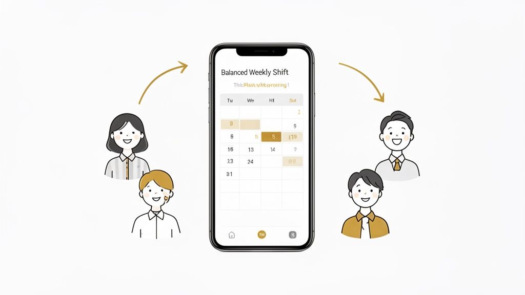 Quatre personnes souriantes utilisant une application mobile de planification des quarts de travail équilibrés pour leurs horaires.