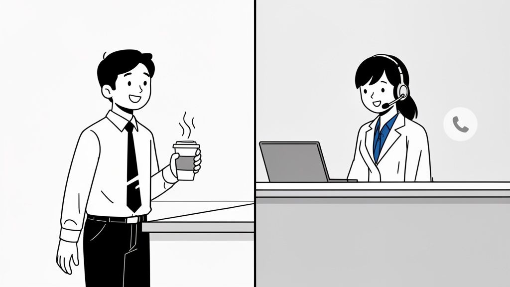 Un homme en pause café et une femme au service client avec un casque et un ordinateur portable.