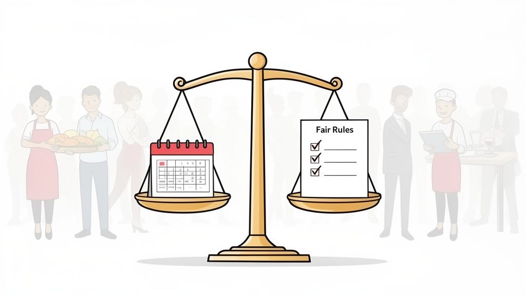 Une balance équilibre un calendrier et un document intitulé "Règles Équitables", entourée d'employés.