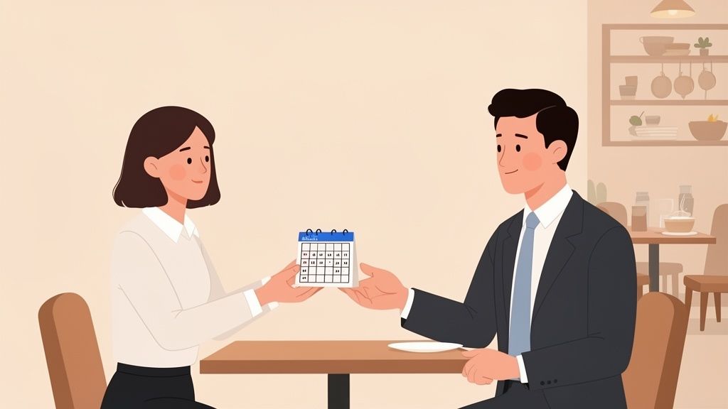 Deux personnes, un homme et une femme, s'échangent un calendrier sur une table, symbolisant la planification.