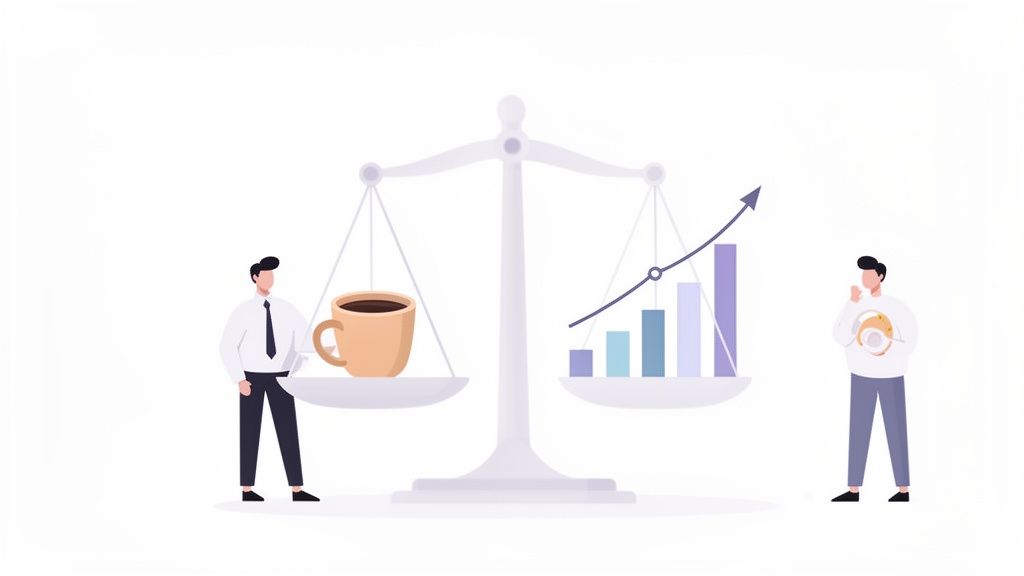 Une balance avec une tasse de café, un graphique de croissance et deux hommes symbolisant l'équilibre travail-vie.