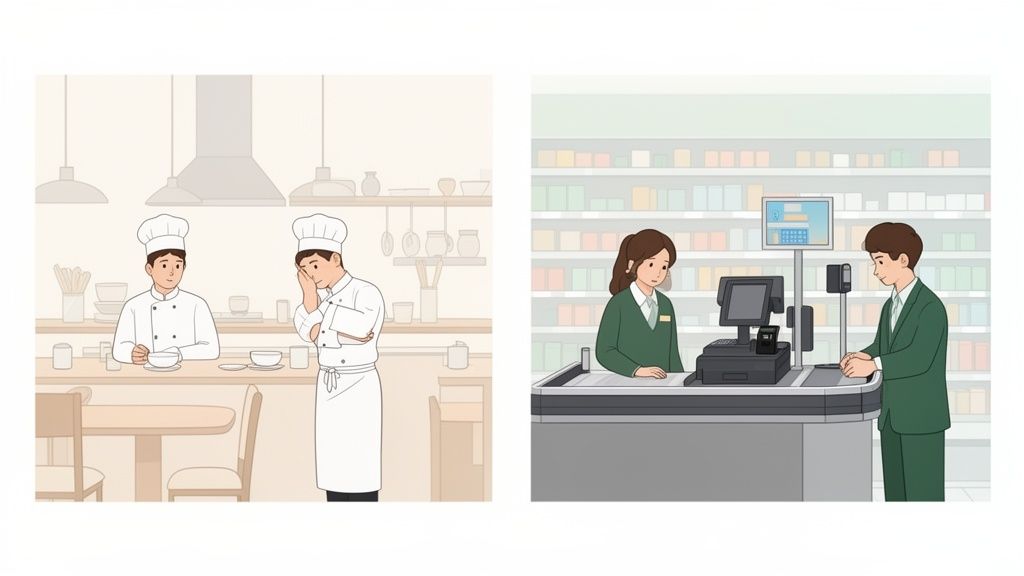 Deux scènes : des chefs dans une cuisine, et une caissière avec un client dans un supermarché.