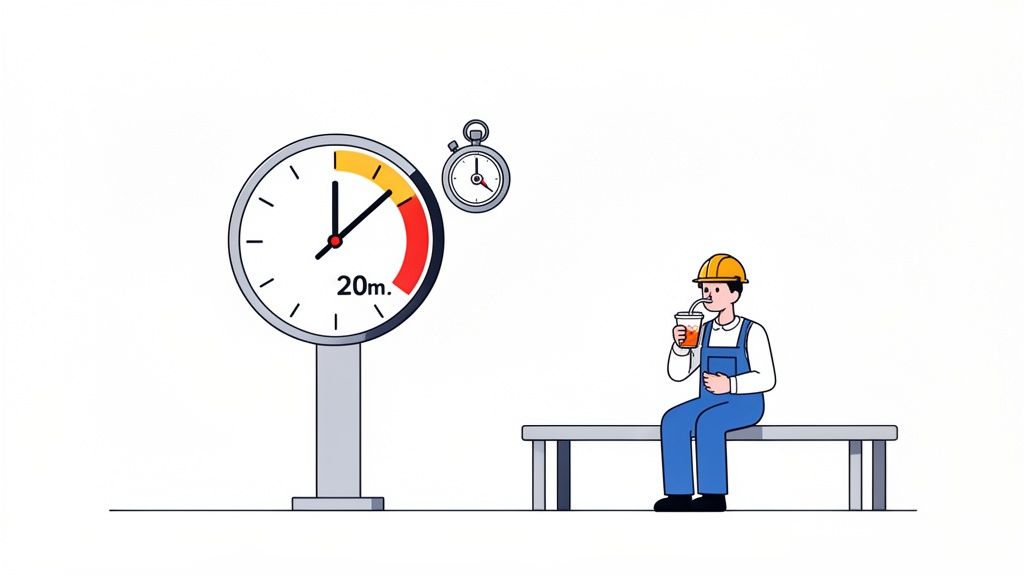 Un ouvrier en salopette et casque de sécurité boit sur un banc, près d'une grande horloge indiquant 20 minutes de pause.
