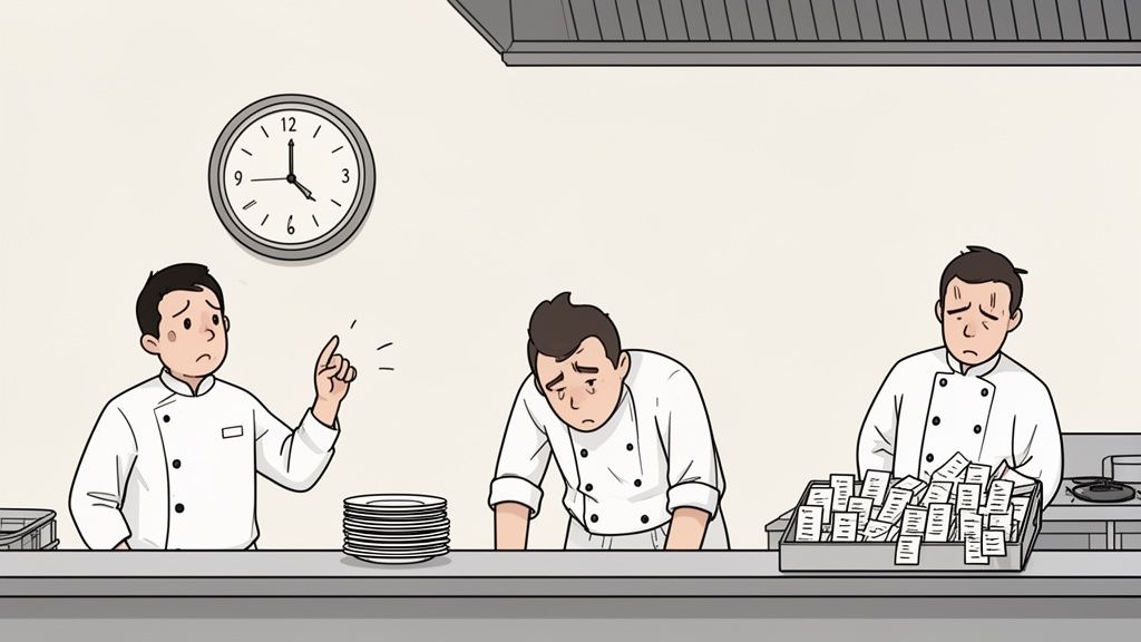 Trois chefs stressés et fatigués dans une cuisine, confrontés à une montagne de commandes et l'heure qui tourne.