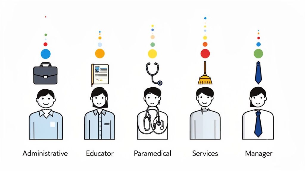 Cinq illustrations représentant les professions administratives, éducateur, paramédical, services et manager, avec des symboles associés.
