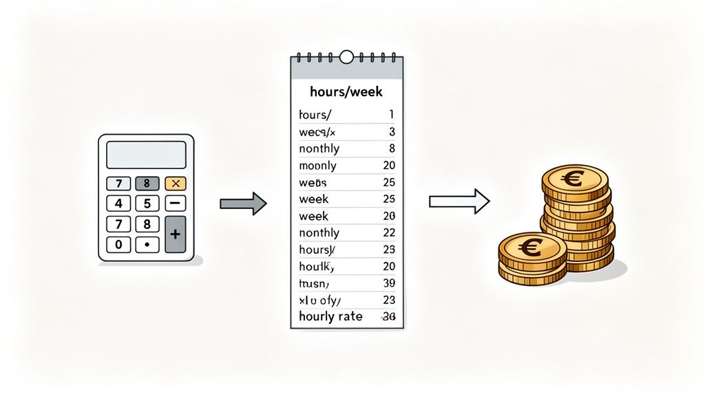 Calculatrice, liste d'heures travaillées par semaine et piles d'euros, symbolisant le calcul d'un salaire.
